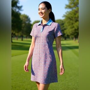 J McLaughlin Catalina Dress S Blue Hot Pink Graphic Front Zip Collar SS Preppy